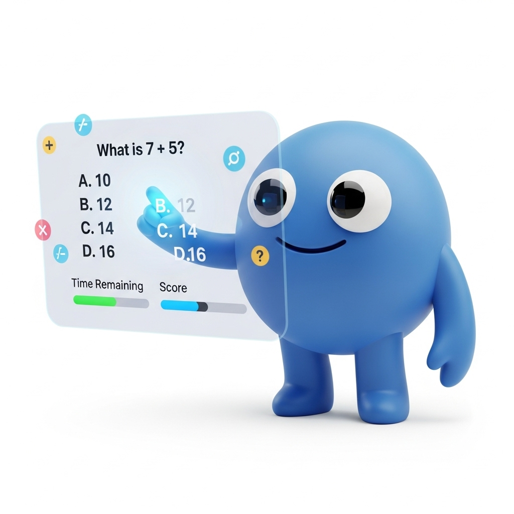 3D illustration: blue round mascot interacting with a floating semi-transparent holographic screen showing a colorful adaptive math quiz with progress bars and simple icons. Clean style, soft shadows, white #FFFFFF background.