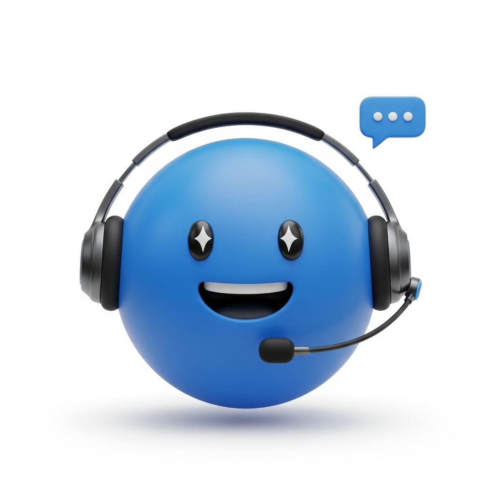 3D illustration: blue round mascot wearing a modern headset mic, smiling at the viewer as a helpful tutor; small chat bubble icon floats nearby. Clean minimalist style, soft lighting, solid white #FFFFFF background.