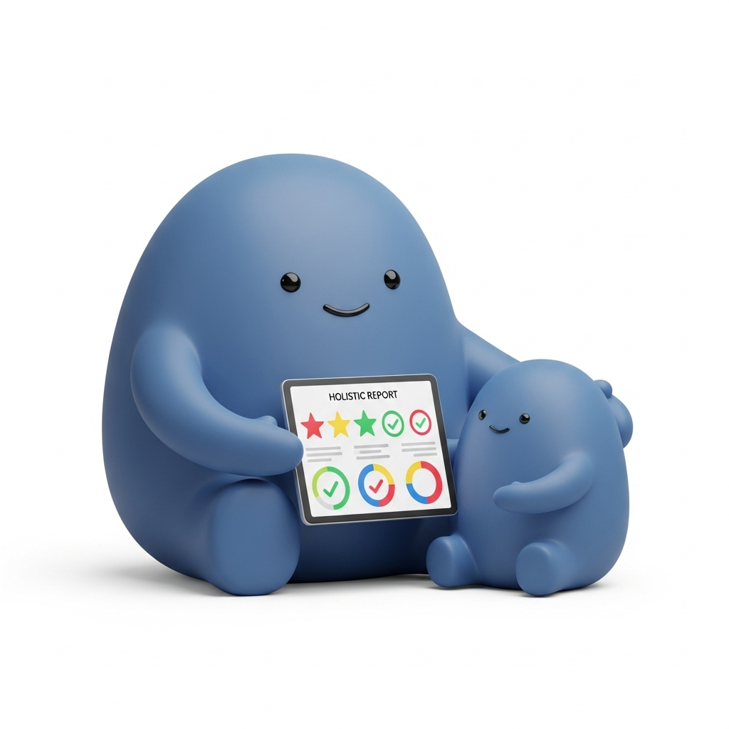 Heartwarming 3D illustration: adult-size blue mascot and child-size mascot seated together looking at a tablet showing a holistic report with stars, checkmarks, and colorful progress circles. Clean simple style, soft shadows, solid white #FFFFFF background.