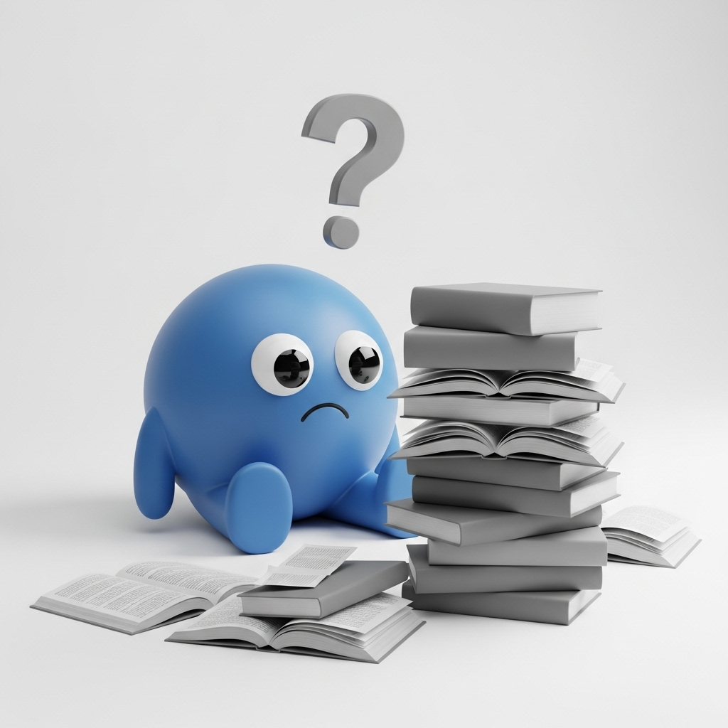 A 3D illustration of the round blue mascot sitting on the floor, looking sad and confused at a messy stack of gray textbooks; a large gray question mark floats above. Clean minimalist style, muted grays and soft blues, soft lighting, solid white #FFFFFF background.