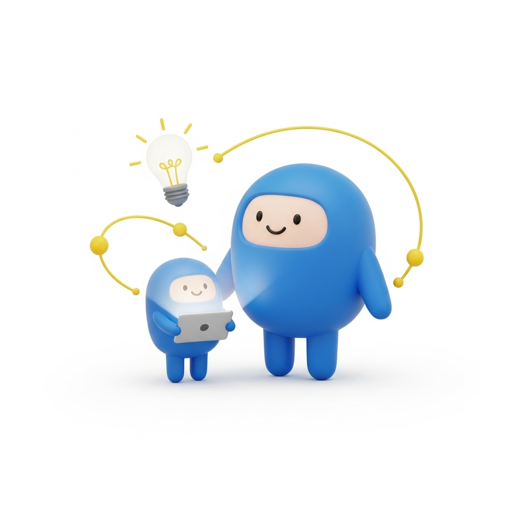 Bright optimistic 3D illustration: central glowing yellow lightbulb; three round blue mascots orbiting as student with graduation cap, teacher with glasses, parent smiling; connected by glowing dashed yellow lines. Clean style, soft shadows, white #FFFFFF background with faint abstract geometric lines.